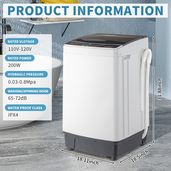 Full-Automatic Washing Machine Top Load Portable Compact Laundry Washer Spin With Drain Pump,10 Programs 8 Water Level Selections With LED Display 17.8 Lbs Capacity, Black