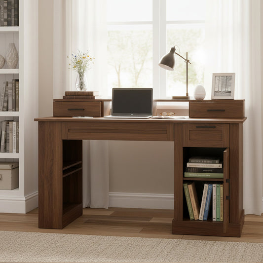 55 Farmhouse Office Desk With Storage Cabinet  Charging Station, Barn Door Design Computer Writing Desk With Keyboard Tray, Monitor Stand & Pegboard For Study, Living Room, Home Office, Dark Walnut