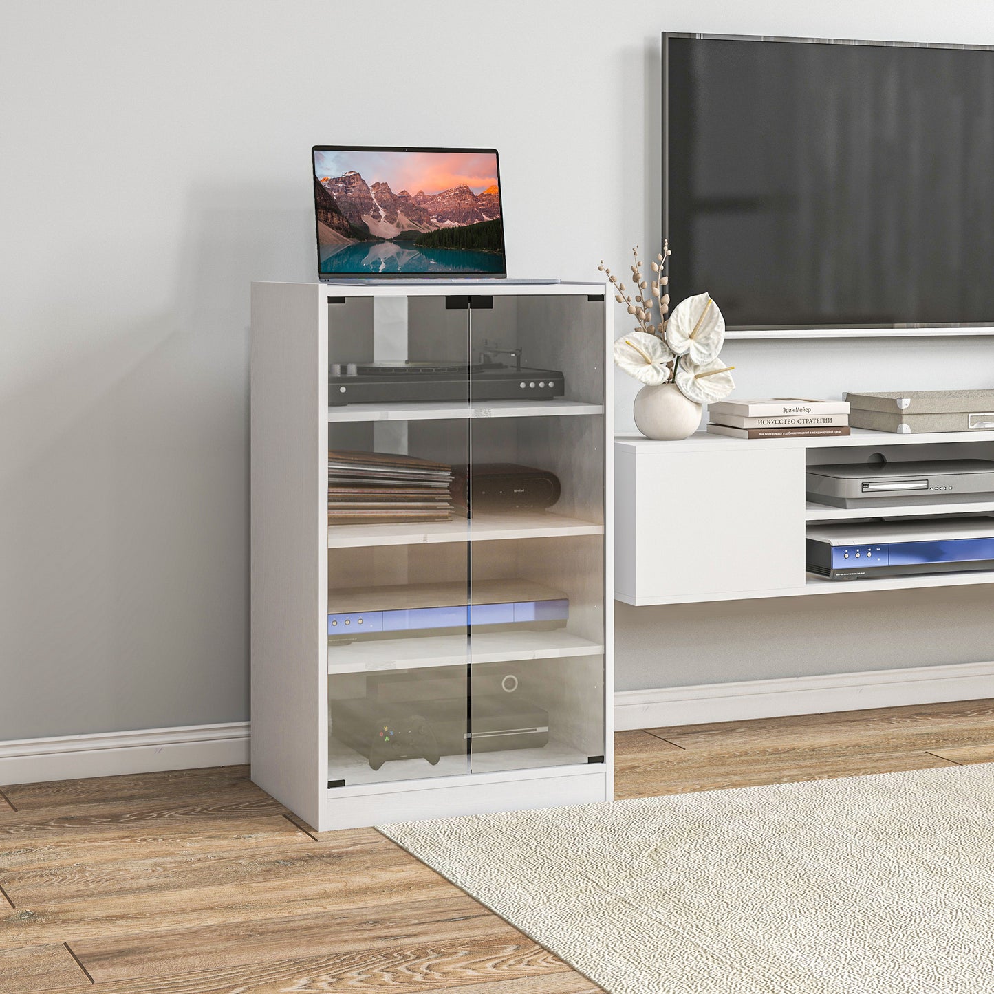 4-Tier Media Cabinet, Media Stand With Adjustable Shelves, Tempered Glass Doors, And Cable Management, Distressed White