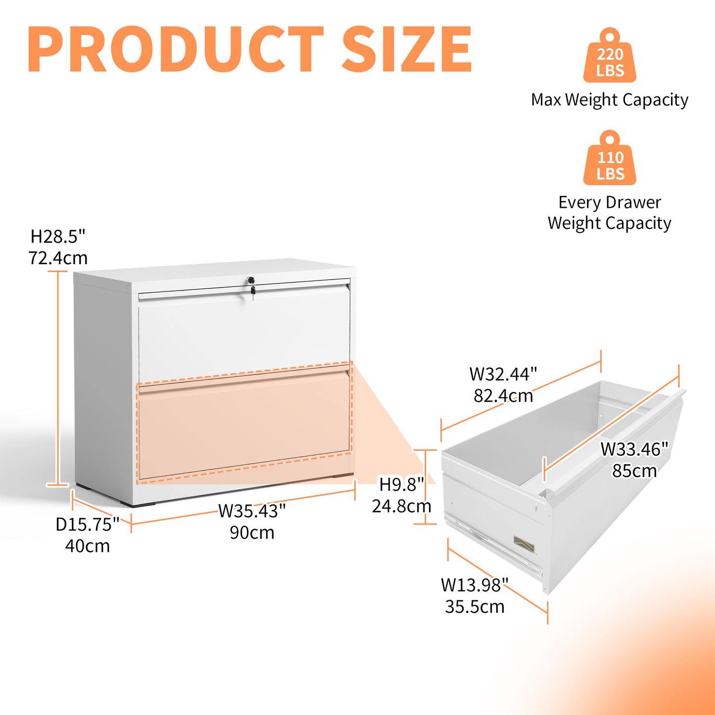 Lateral File Cabinet 2 Drawer, White Filing Cabinet With Lock, Lockable File Cabinet For Home Office, Locking Metal File Cabinet For Legal Letter A4 F4 Size