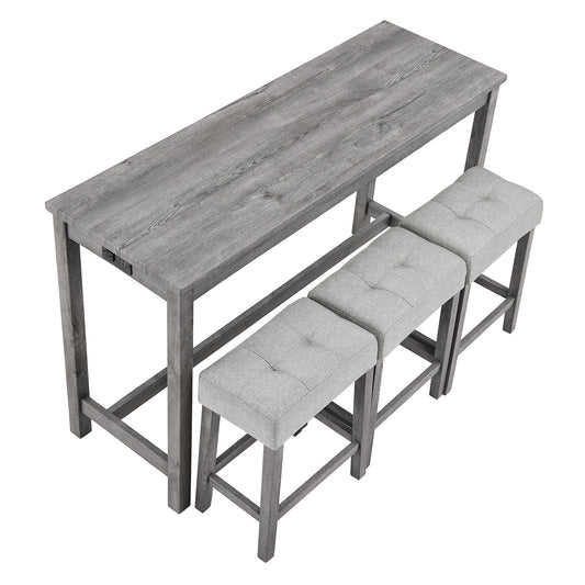 Bar Table Set With Power Outlet, Bar Table And Chairs Set, 4 Piece Dining Table Set, Industrial Breakfast Table Set, For Living Room, Dining Room, Game Room
