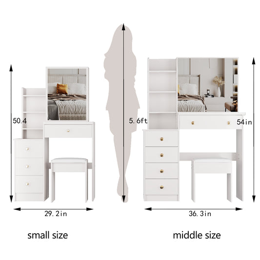37 Middle Size Left Bedside Cabinet Vanity Table  Cushioned Stool, Extra Large Right Sliding Mirror, Multi Layer High Capacity Storage, Practical Fashionable Dresser, Suitable For Large Space