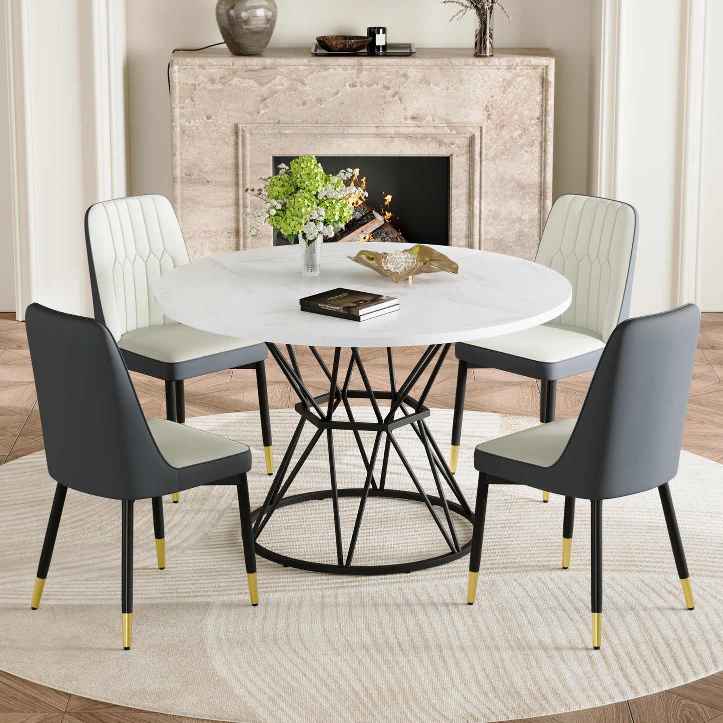 Table And Chair Set.A Circular White MDF Dining Table With A Diameter Of 47.3 Inches, Black Hourglass Shaped Metal Brackets.Paired With 4 White And Dark Gray Spliced Color PU Chairs.