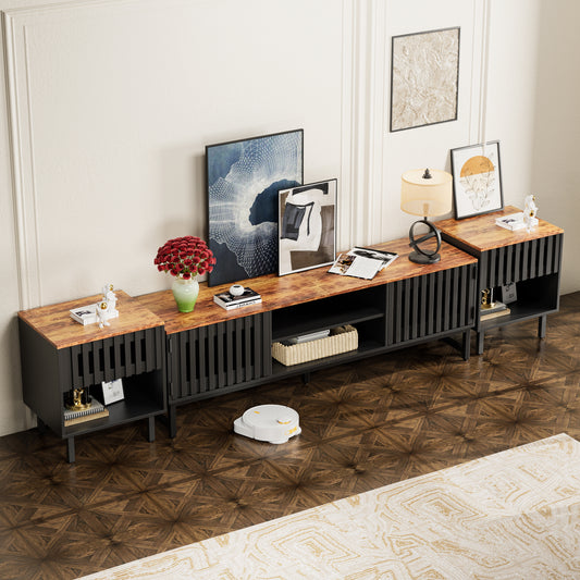 63 Inch Mid Century Modern TV Stand With Slatted Grille Striped Doors, TV Stand With Storage, Entertainment Center For Living Room Bedroom, TV Media Console