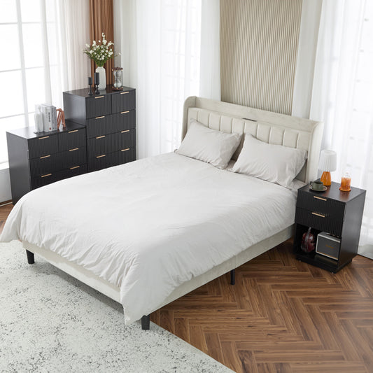 Black P2 Density Board, Wave Pattern Drawer Surface, Three Layers And Four Drawers Bedside Cabinet 1pc