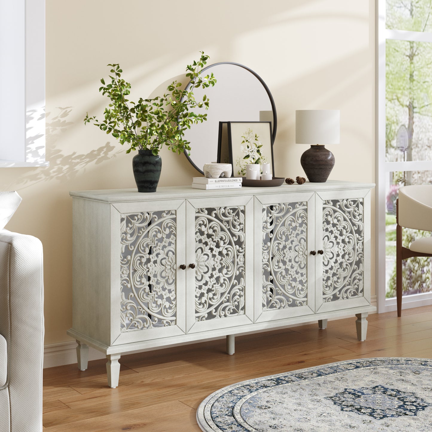 60  Antique Buffet Cabinet With Floral Carvings With Solid Wood Legs&Antique Brass Handles&Adjustable Shelves, TV Stand For 65 TV, Sideboard For Living Room,Dining Room Antique Grey White