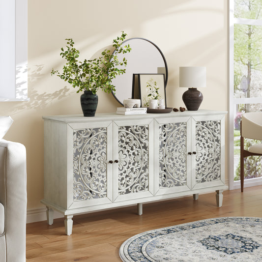 60  Antique Buffet Cabinet With Floral Carvings With Solid Wood Legs&Antique Brass Handles&Adjustable Shelves, TV Stand For 65 TV, Sideboard For Living Room,Dining Room Antique Grey White