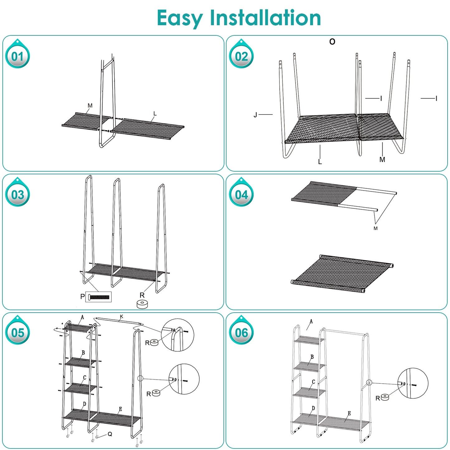 1Pc Metal Garment Hanging Rack Shoe Clothing Organizer Shelves Freestanding Clothing Hanging Rail Clothes Wardrobe Shoe Display Organizer With 1 Hanging Rod 5 Mesh Shelves