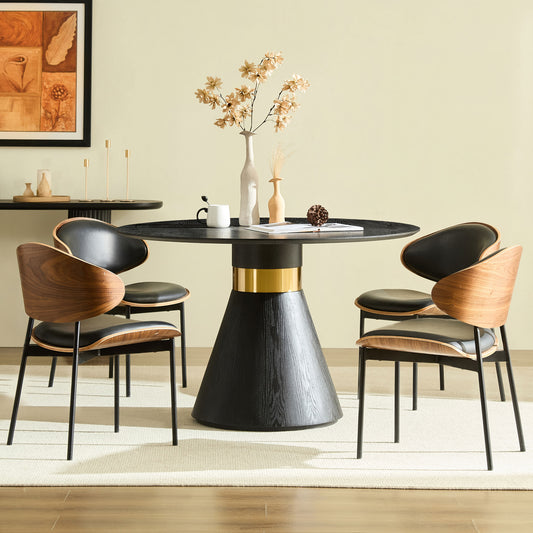 47.24   Round Dining Table Modern Kitchen Table Black Pedestal Base With Gold Trim Ring, Stylish Glam Dining Room Furniture