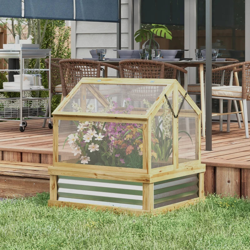 Raised Garden Flower Bed Kit With Greenhouse, Wooden Cold Frame Planter