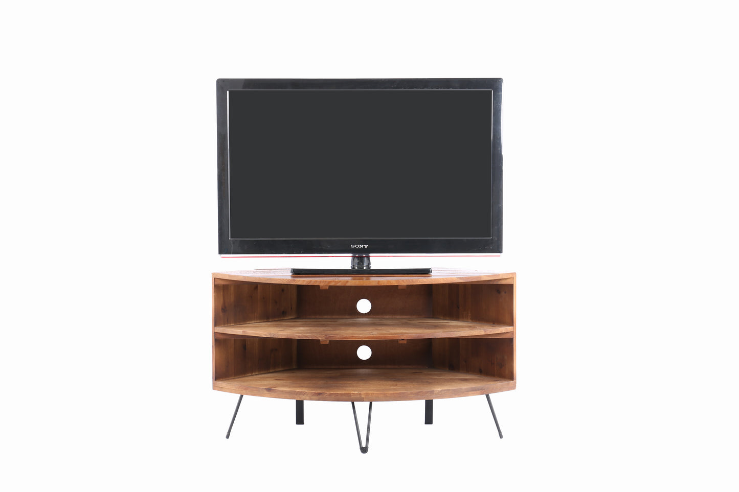 Fan Shape Reclaimed Wood Corner Media Table For Living Room Wise Use Your Space