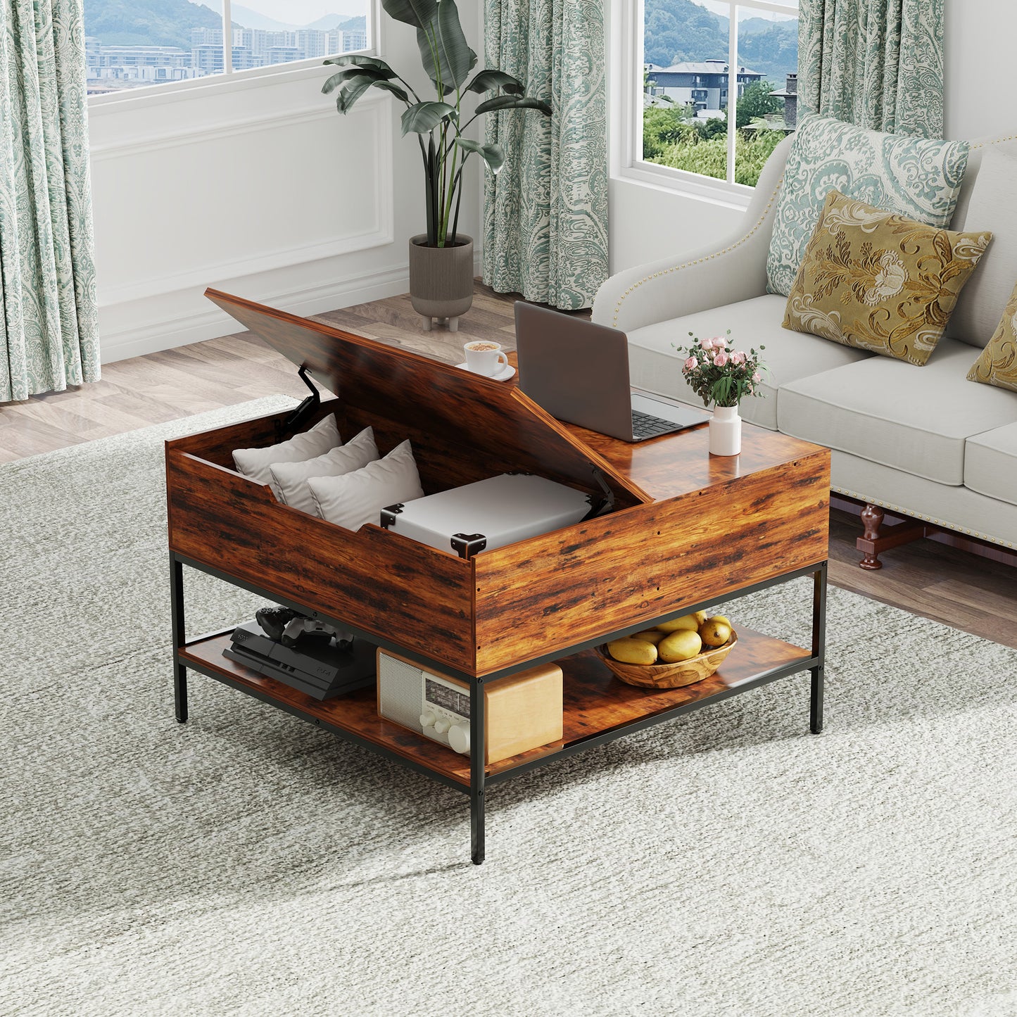 Flip-Top Coffee Table With Storage - Dark Walnut & Black Metal - 31.5 Lift-Top Design W Hidden Compartment - Easy Assembly Living Room Table