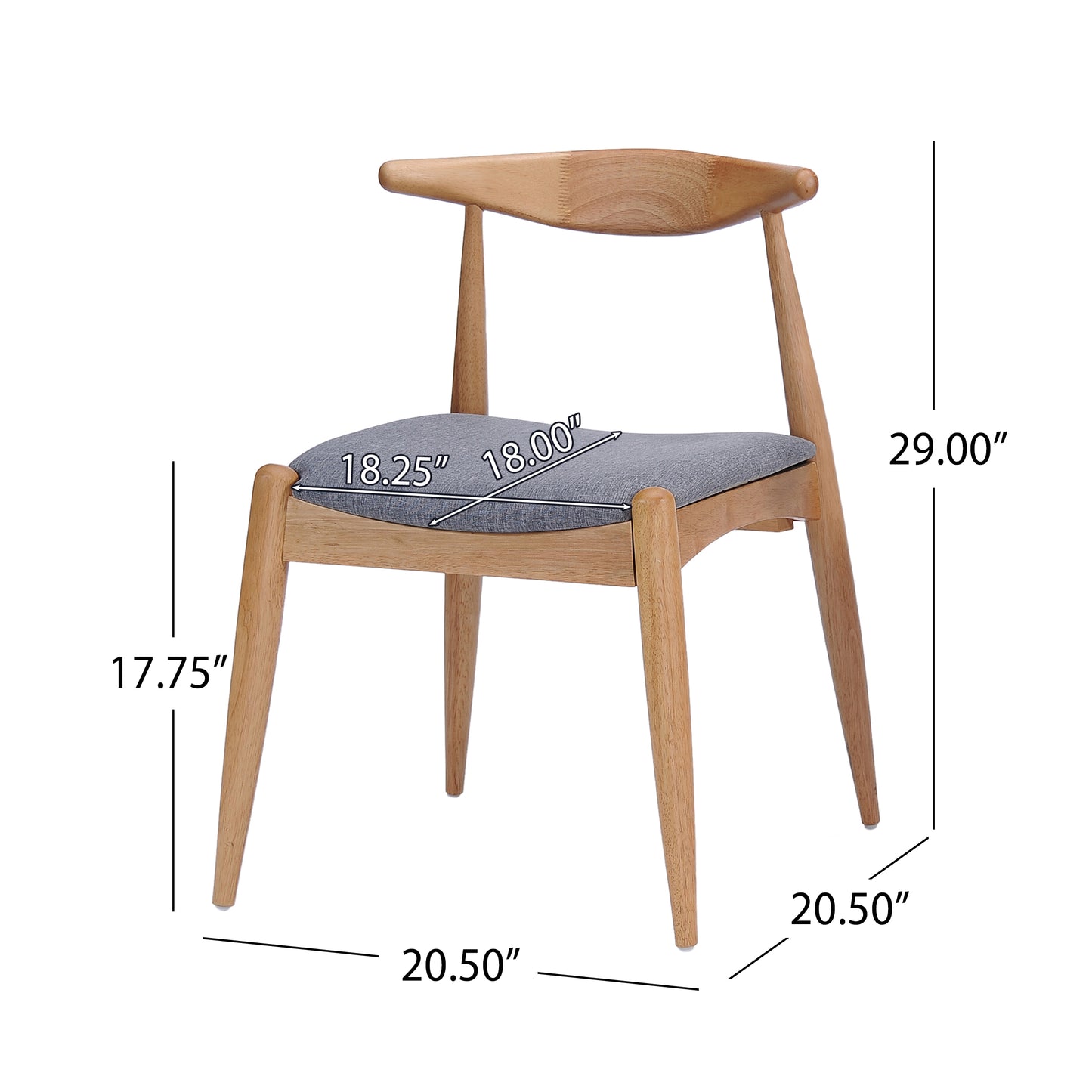 Set Of 2 Rubberwood Dining Chairs With Ergonomic Backrest & Comfort Cushions, Natural-Gray