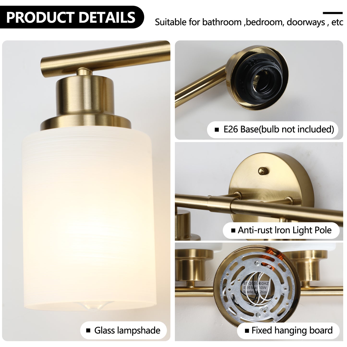 24  Modern 4-Light Vanity Wall Sconce, Golden Finish With Frosted Glass Shades For Bathroom Or Hallway Lighting  No Bulbs