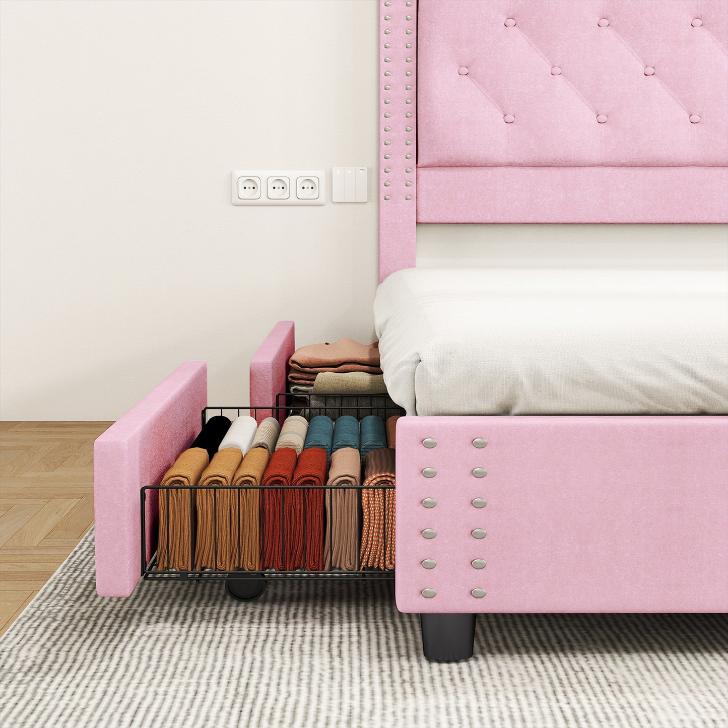 Full Size Bed Frame With Upholstered Button Tufted Headboard Wood Slat Support Metal Platform Bed Frame With 4 Drawers No Box Spring Needed Easy Assembly For Home