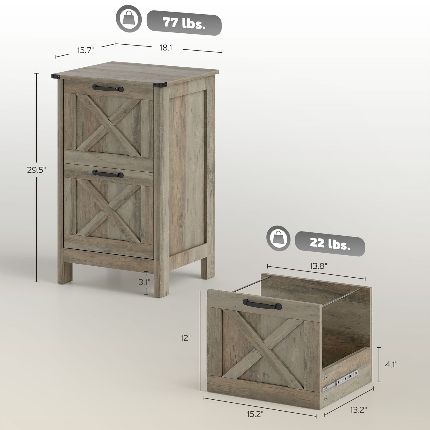 Vertical File Cabinet With 2 Drawers, Rustic Farmhouse Office Storage Cabinet For A4, Letter Size, Distressed Gray