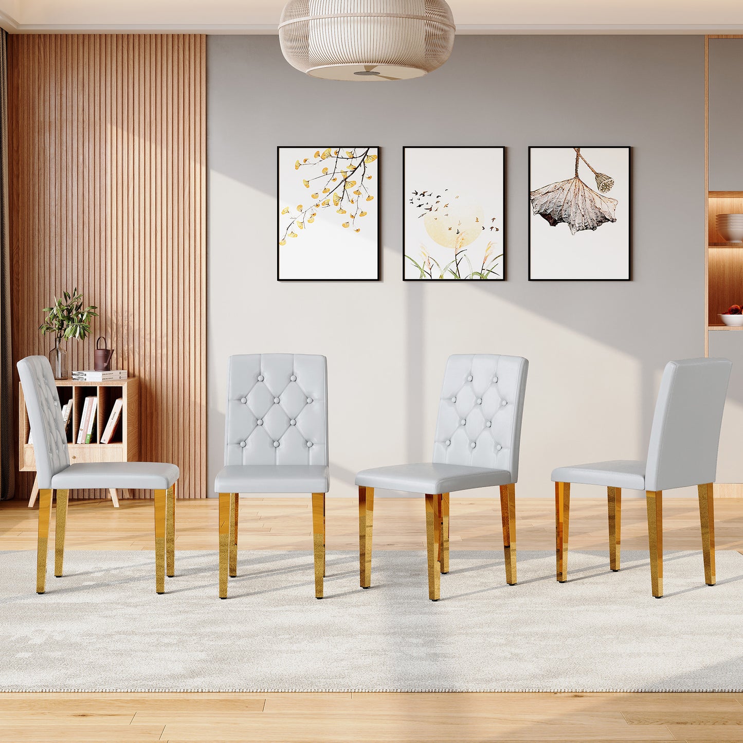 4-piece Set Of Light Grey PU Dining Chairs,Ergonomically Designed Buckle Backrest, 35 Inches High, Gold Metal Legs, Combining Comfort And Texture.Suitable For Family Restaurants, Banquet Hall, Etc.