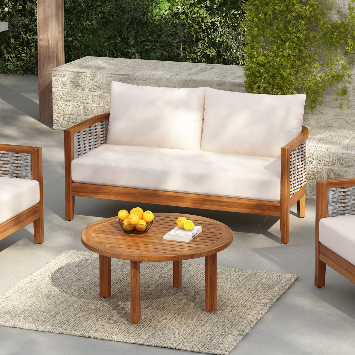 2 Pieces Acacia Wood Patio Furniture Set, Outdoor Unique Tub Design Loveseat With Woven Rope Table, Deep Seating With Soft Cushions For Porch, Garden, Backyard, Balcony, Teak Finish & Beige Cushion
