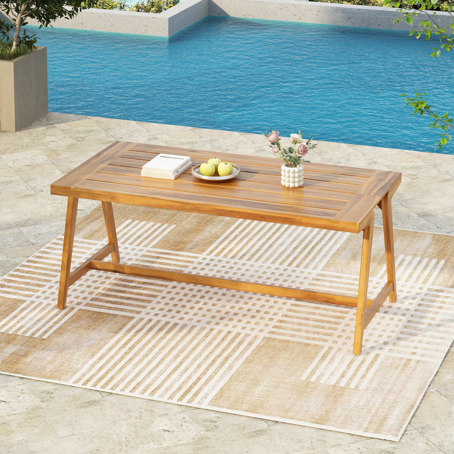 Modern Outdoor Dining Table, Acacia Wood Patio Table With Teak Finish - Weather-Resistant Garden, Poolside Deck Dining Set For 4-6 People