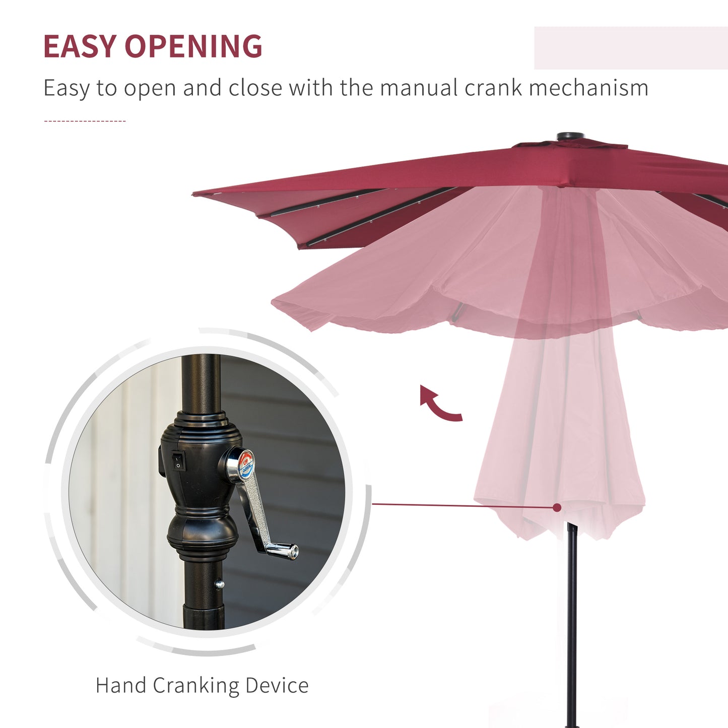 9' X 7' Solar Umbrella, LED Lighted Patio Umbrella For Table Or Base With Tilt & Crank, Outdoor Umbrella For Garden, Deck, Backyard, Pool, Beach, Wine Red