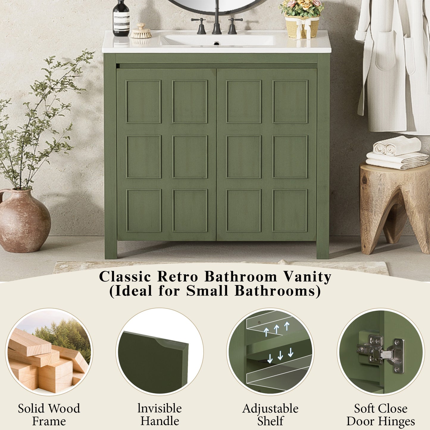 36   Bathroom Vanity Organizer With Ceramic Sink, Set Bathroom Storage Cabinet, Olive Green Old SKU SV000004AAF