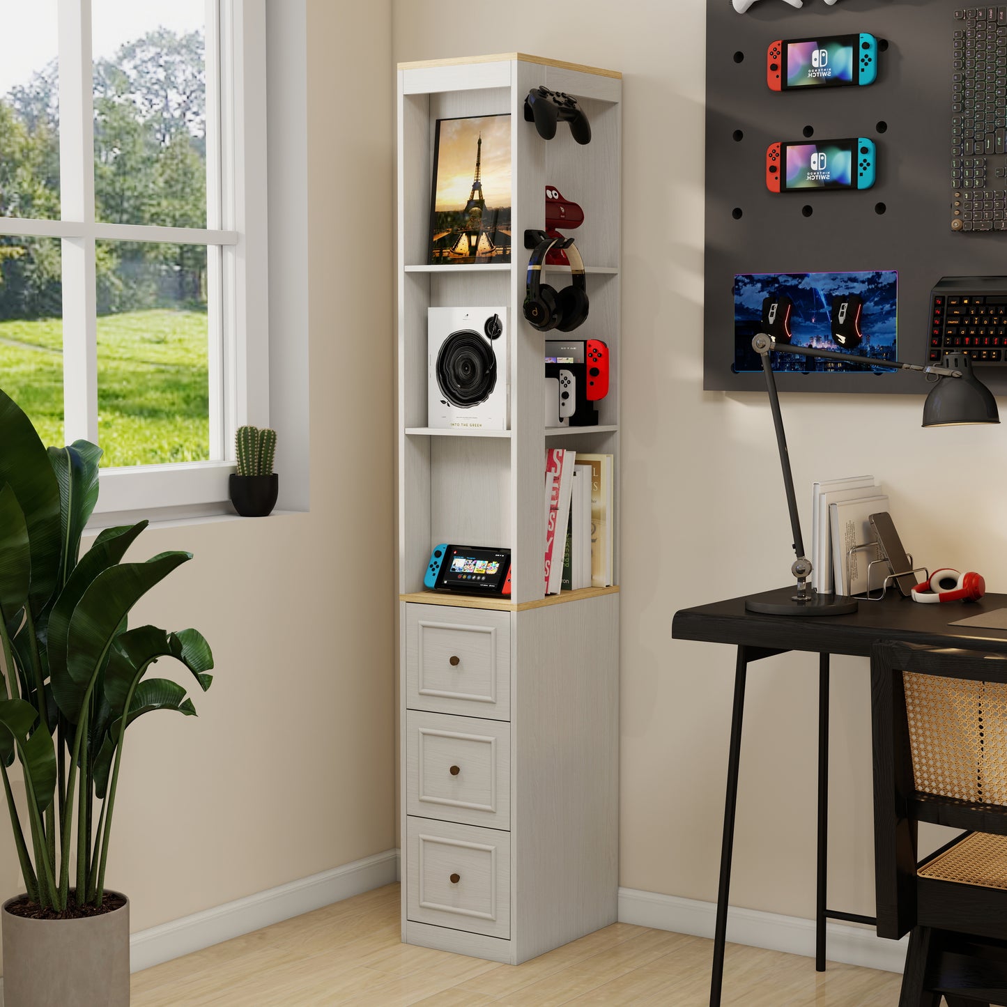 73  Tall Slim Storage Cabinet, 3-Tier Media Storage Cabinet With 3 Drawers And 2 Hooks, Bookcase Display Storage Shelves, Cube CD, DVD, Game Console Storage Cabinet-Antique White
