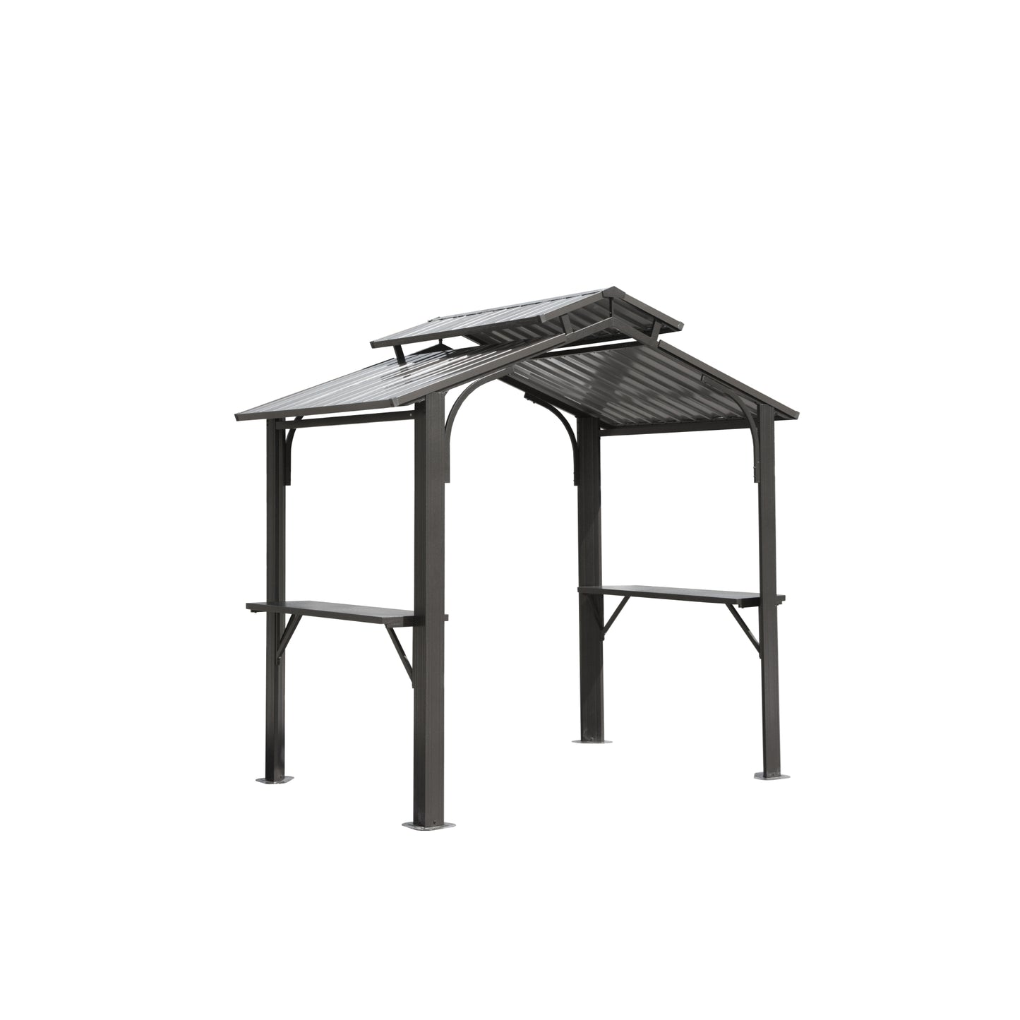 8x5FT Hardtop Grill Gazebo, Outdoor BBQ Gazebo W Galvanized Steel Double Roof, Permanent Sun Shade Grill Canopy Shelter With 2 Side Shelves And Ceiling Hook For Patio Deck Yard Garden  Grey