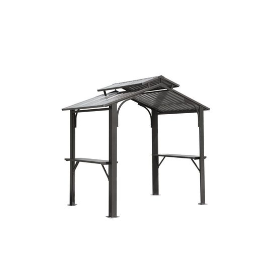 8x5FT Hardtop Grill Gazebo, Outdoor BBQ Gazebo W Galvanized Steel Double Roof, Permanent Sun Shade Grill Canopy Shelter With 2 Side Shelves And Ceiling Hook For Patio Deck Yard Garden  Grey