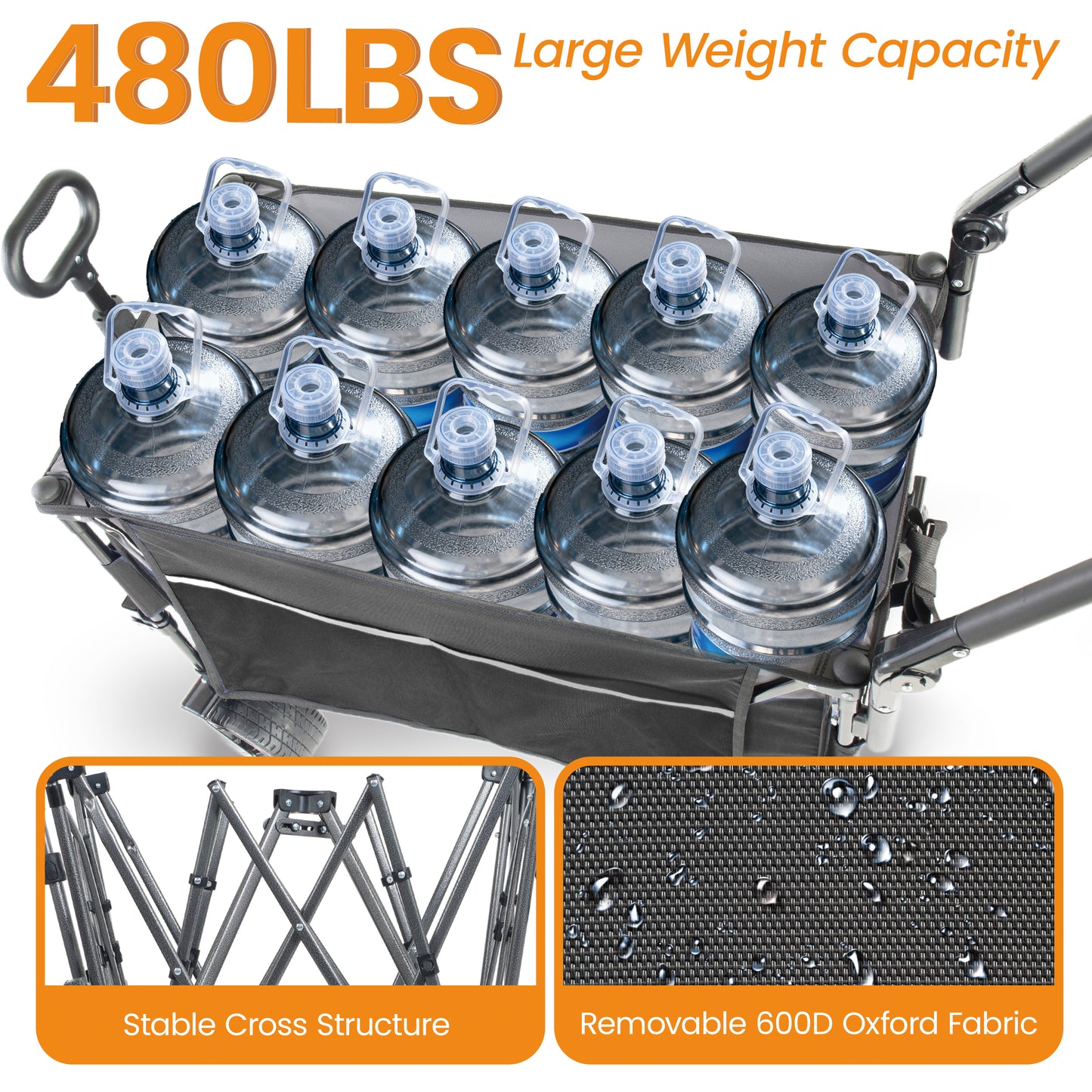 Multi- Functional Push- Pull Folding Wagon Cart With Rotating Handle & Canopy  7 X4 All- Terrain Wheels & Brakes  Load Capacity 480lbs  300L Large Capacity For Transport  Groceries  Outdoor Use  Black