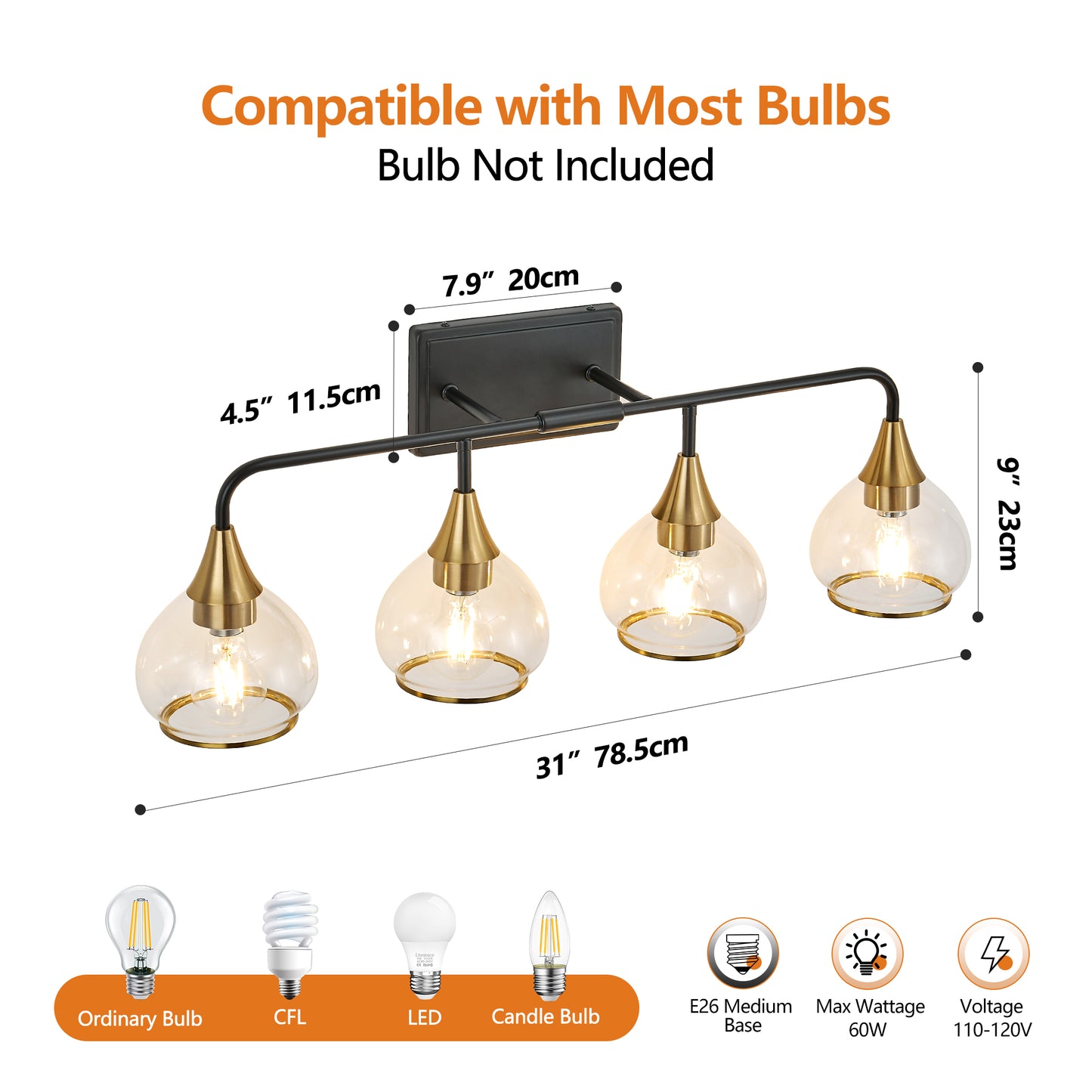 31 Modern 4-Light Vanity Wall Sconce - Black And Gold Bathroom Light Fixture With Clear Glass Shades, Industrial Wall Mounted Lamp For Mirror, Vanity, And Living Spaces Bulb Not Included