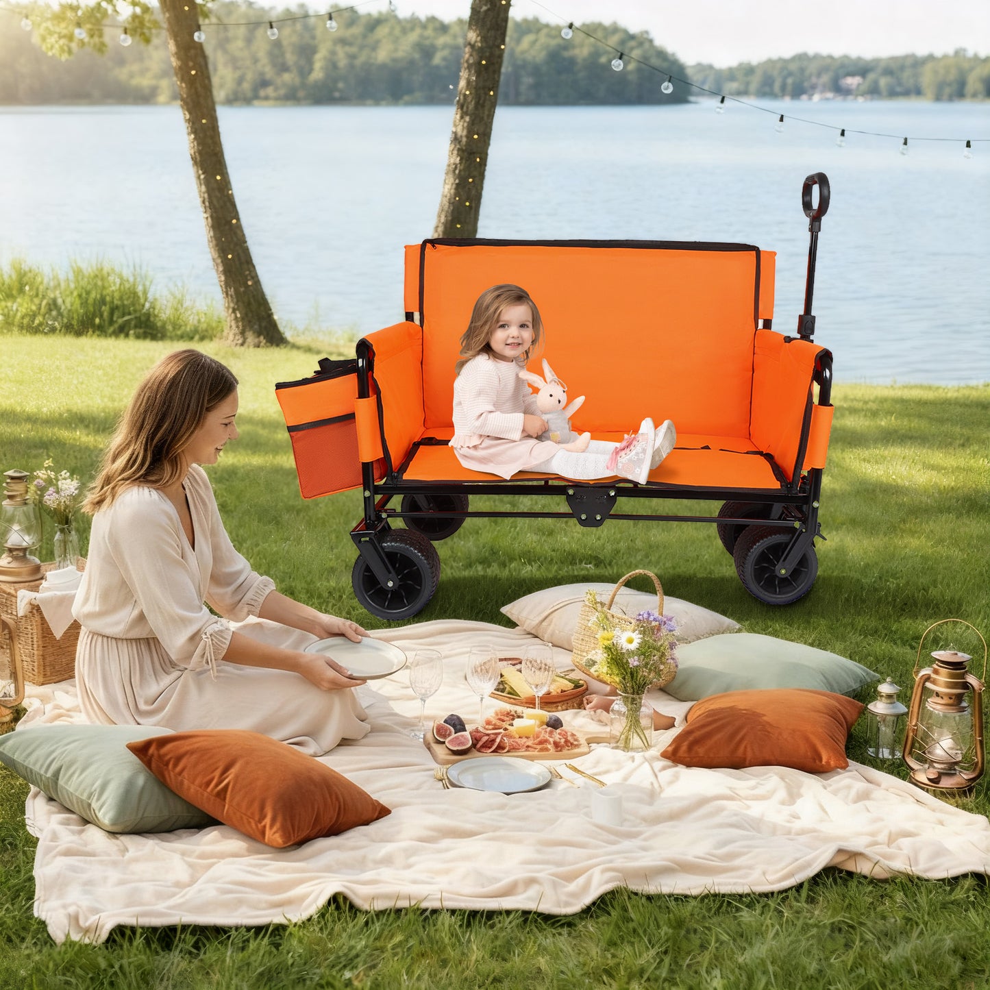 3- In- 1 Folding Wagon Cart With Bench Seat  Patent Protection-  Includes 1 Ice Pack  500lbs Heavy- Duty Utility Wagon  180L Capacity All- Terrain Wheels For Camping  Beach  Sports  Garden  Orange
