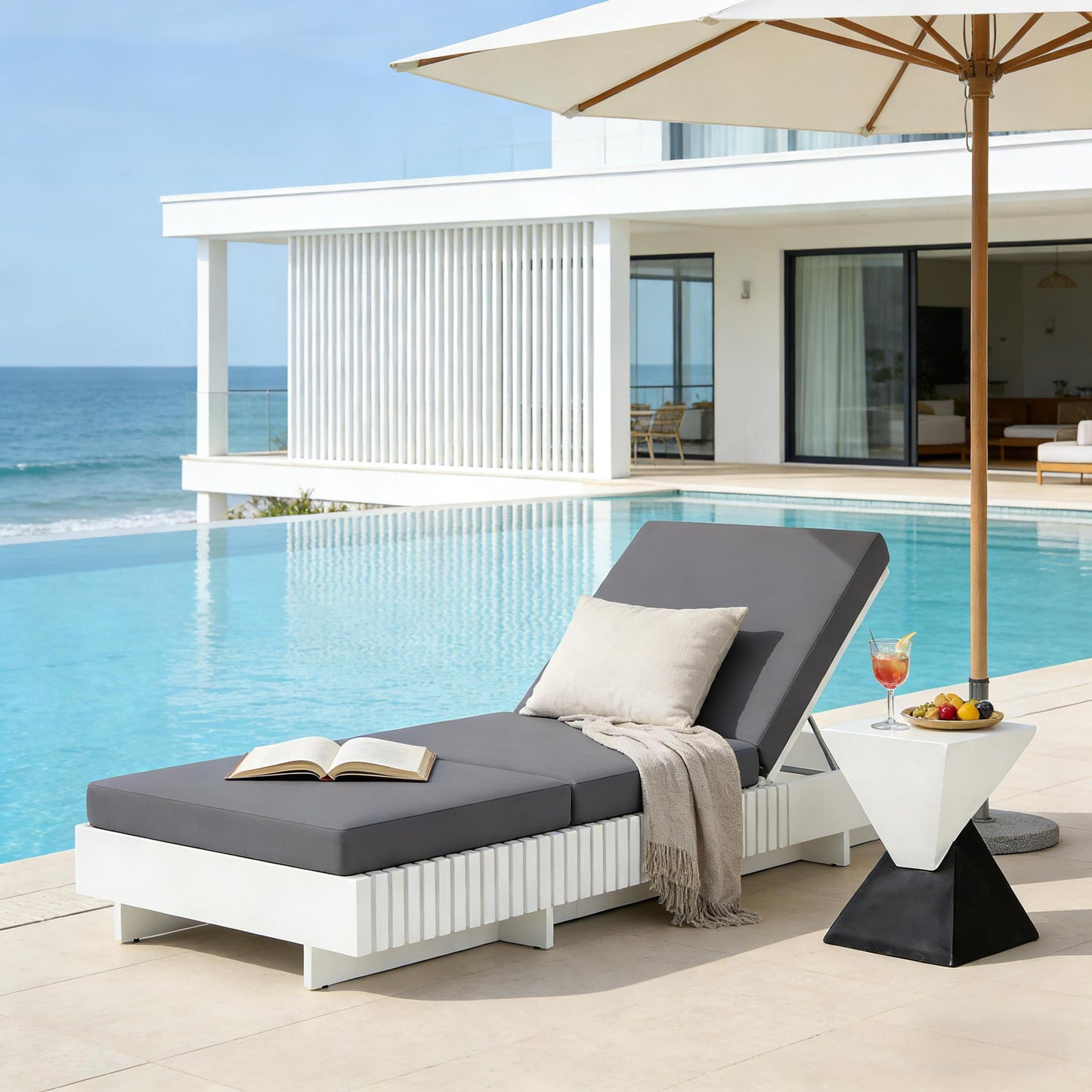 White Acacia Solid Wood Outdoor Chaise Lounge With  Dark Grey 3-Fold Water-Repellent Cushion, 400lbs Capacity,  Modern Patio Sun Lounger For Garden, Poolside
