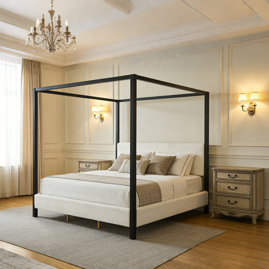 Modern Black Metal Canopy Bed With Plush White Boucle Upholstery, King