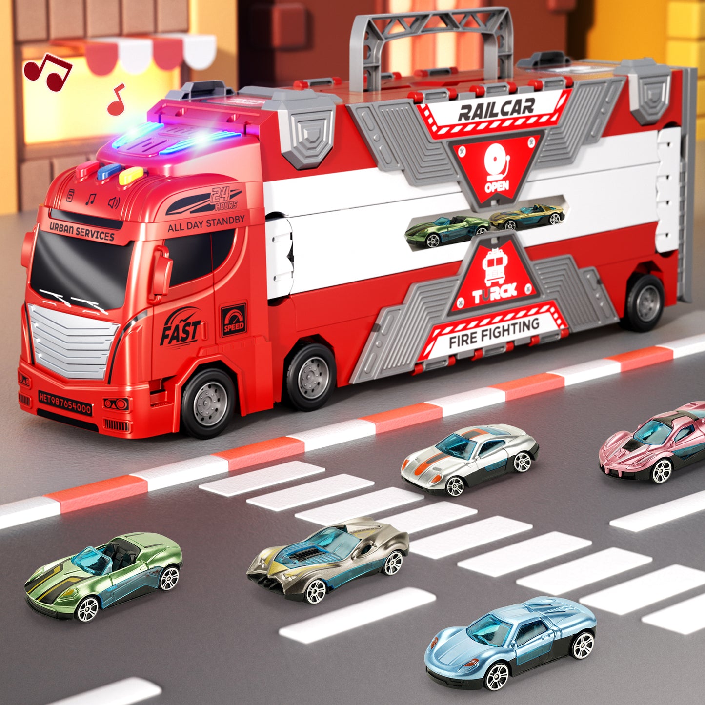 2026  Fire Truck Toys Car With Lights Sounds Music , Transport Truck Toys,Kids Birthday Toys