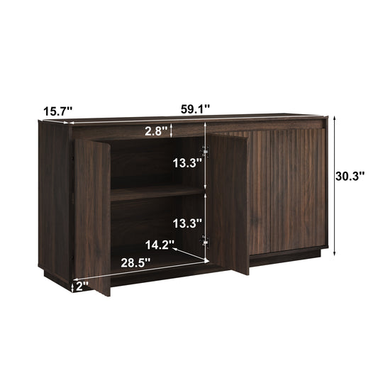 4 Door Walnut Wood Sideboard Buffet Cabinet With Power Outlet, Wavy Vertical Texture Accent Cabinet With No-Handle Design  Door Top Edge As Handle , Freestanding Kitchen Storage Cabinet For Dining Roo