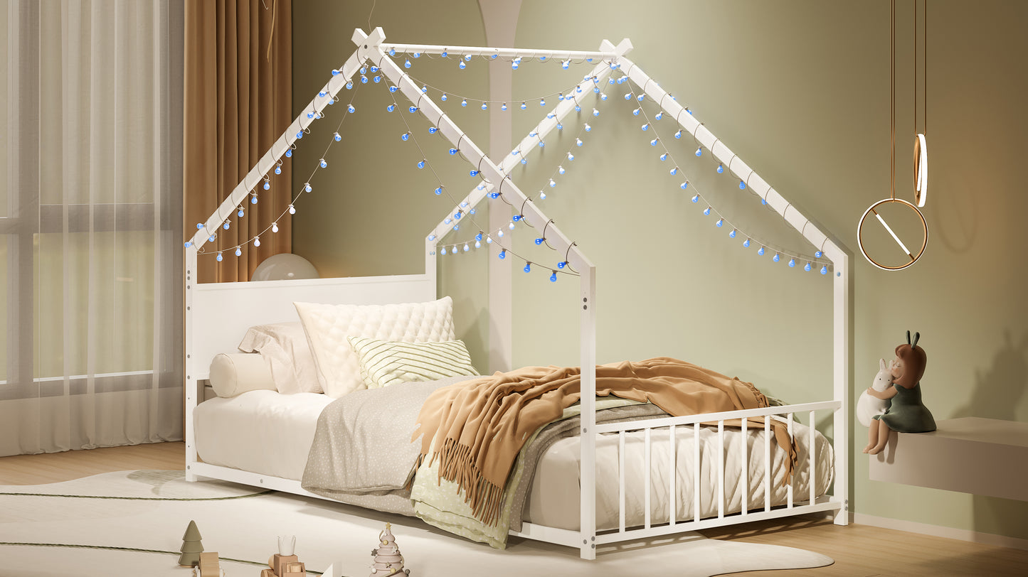 Twin Size House Bed With Roof And Colorful Lights, Metal Bed Frame With Slats And Legs, House Bed For Boy, Girls And Young Teens, No Box Spring Needed White