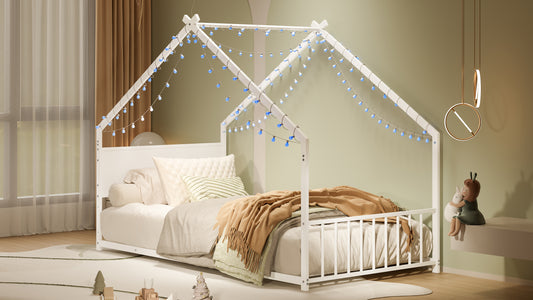 Twin Size House Bed With Roof And Colorful Lights, Metal Bed Frame With Slats And Legs, House Bed For Boy, Girls And Young Teens, No Box Spring Needed White