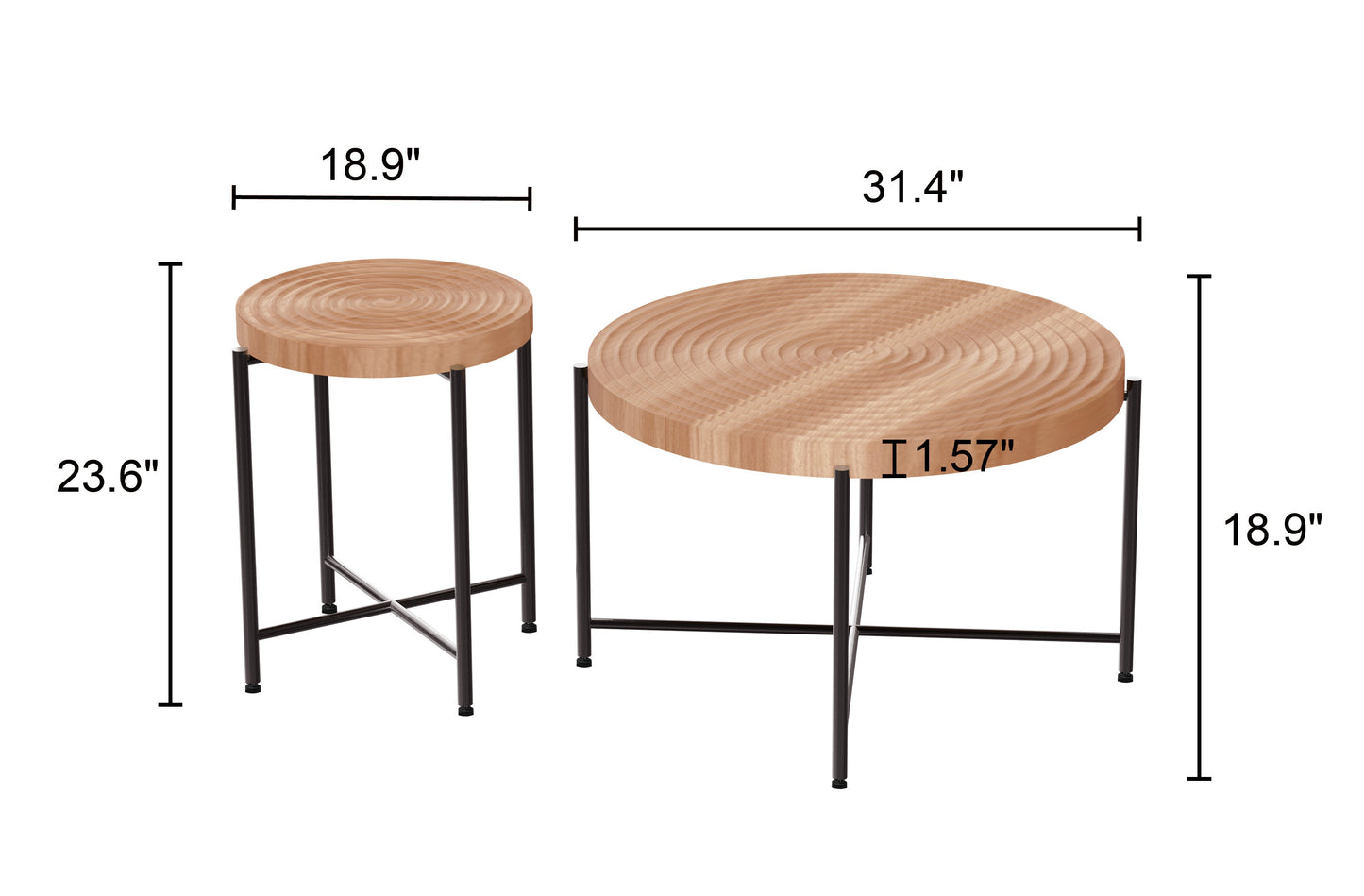 2-Piece Coffee And End Table Set -Waterproof MDF With PVC Cover, Distressed Cylindrical Design, Black Metal Legs -Classic Rustic Charm, Red Cedar-Brown