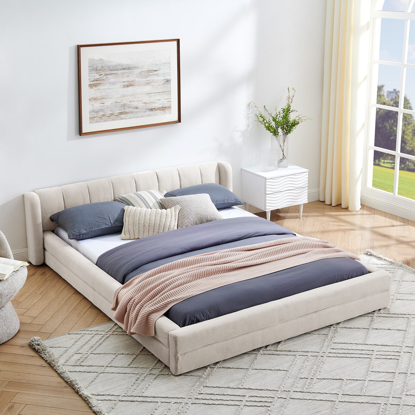Queen Size Upholstered Bed Frame With Thick Fabric, Chenille Fabric Grounded Queen Size Platform Bed With Headboard And Solid Frame-Beige 87x67x23.5