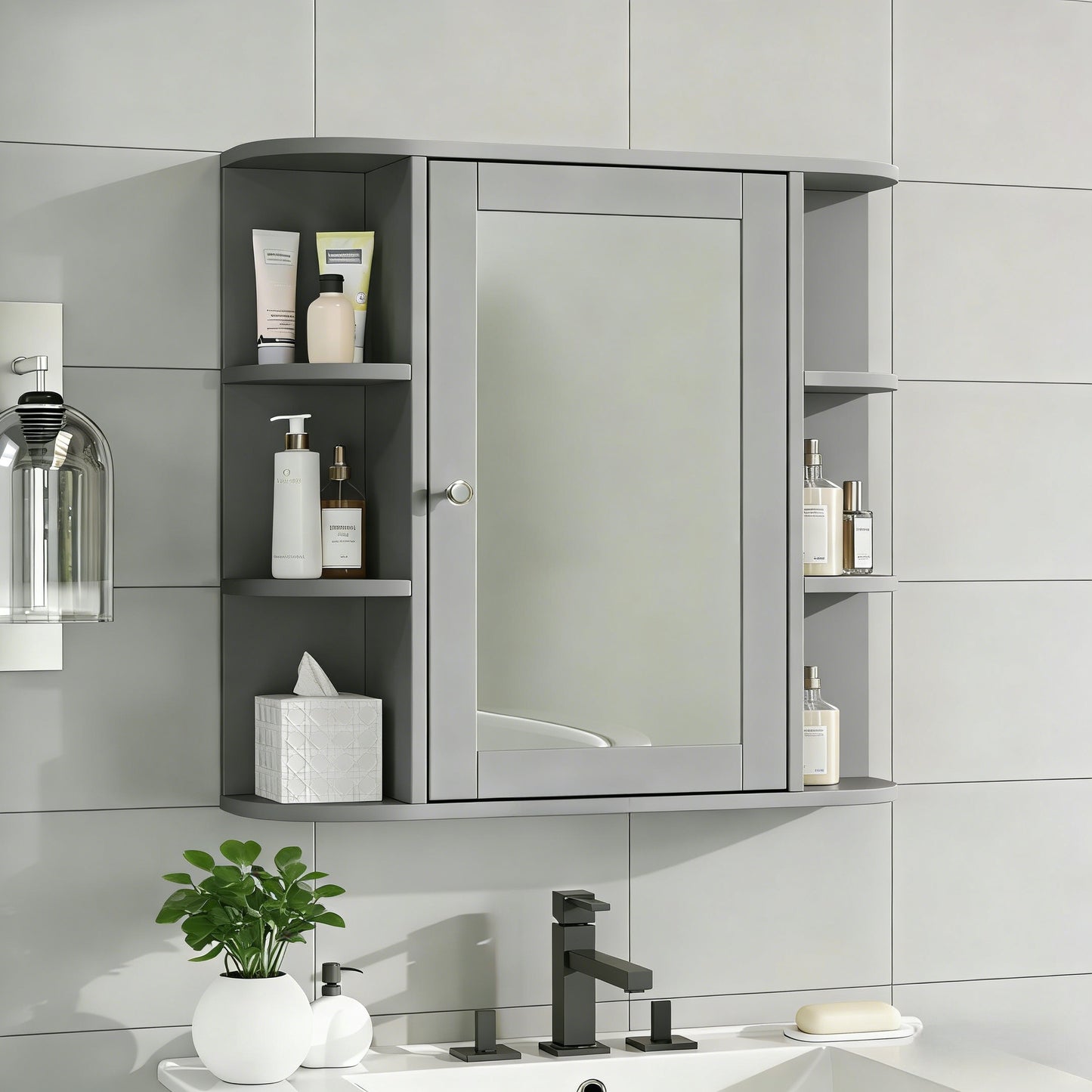 Bathroom Wall Storage Cabinet With Mirror, Medicine Cabinet With Adjustable Wood Shelf & Doors, Mounted Storage Cabinets With 6 Open Shelves, Gray