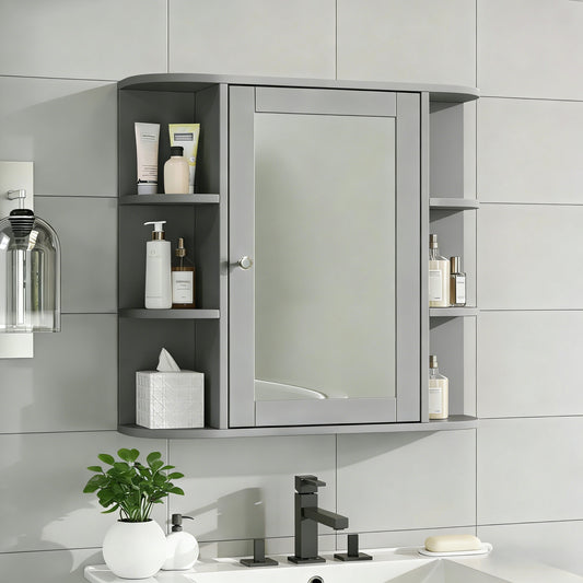 Bathroom Wall Storage Cabinet With Mirror, Medicine Cabinet With Adjustable Wood Shelf & Doors, Mounted Storage Cabinets With 6 Open Shelves, Gray