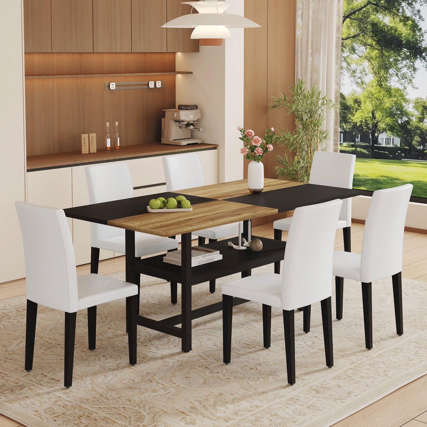 Table And Chair Set.71x35.4 Inch Wooden And Black Spliced Dining Table With Storage Function In The Middle Of The Table Legs.Paired With 6 White PU Dining Chairs, Simple And Versatile.