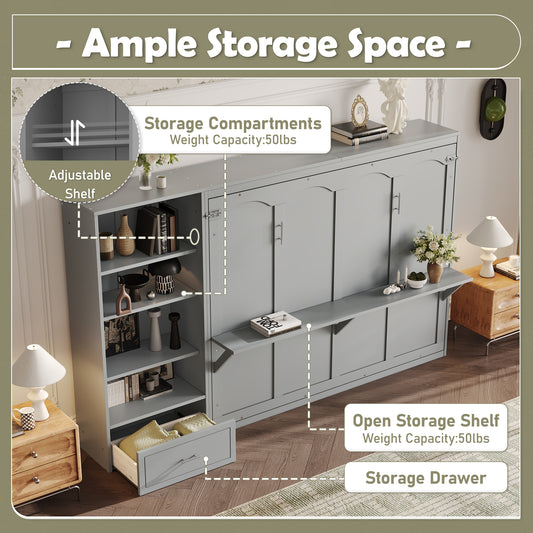 Queen Size Murphy Bed With Height Adjustable Storage Compartments And Shelf, Wall Bed Frame With 1 Drawer, Multifunctional Foldable Platform Bed For Bedroom,Guest Room, Gray OLD