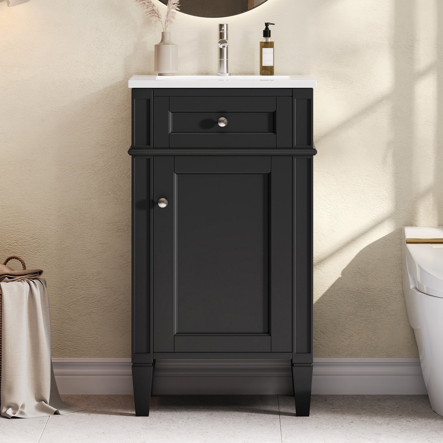 18-inch Bathroom Vanity With Ceramic Sink, Freestanding Single Vanity Set With Soft Closing Door, Adjustable Shelf, French Style, Solid Feet, Black