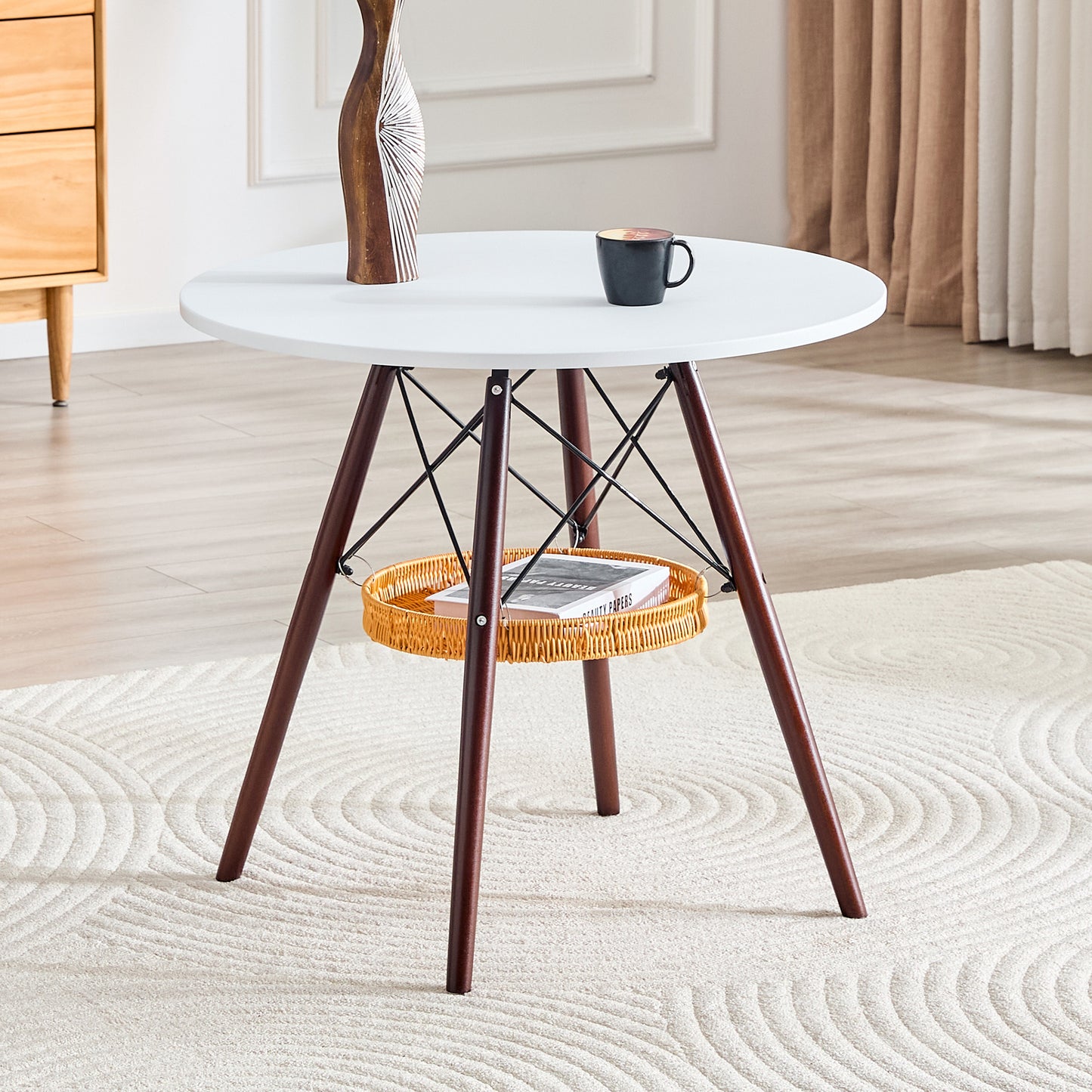 31.5-inch Diameter Circular Dining Table, White MDF Vacuum Formed Tabletop, Walnut Solid Wood Legs, With Suspended Woven Storage Basket Structure. A Casual Coffee Table Suitable For 2-4 People.
