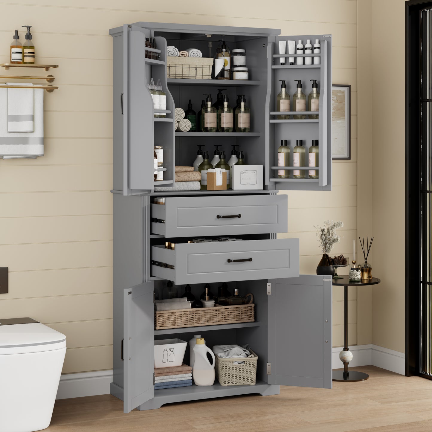 Video  Storage Cabinet With Multi-Functional Storage Space, Doors With Storage Shelves, 2 Drawers, Adjustable Shelf, Gray  Same Sku N759P293426E