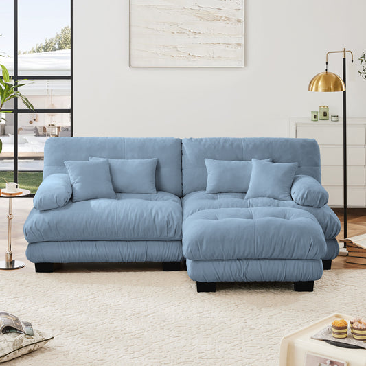 Cloud Couch Sectional Sofa For Living Room, Chenille 2 Seater Sofa With 2 Lumbar Pillows And 2 Throw Pillows , Upholstered Wide Arm Sofa With Convertible Ottoman,Chenille Blue