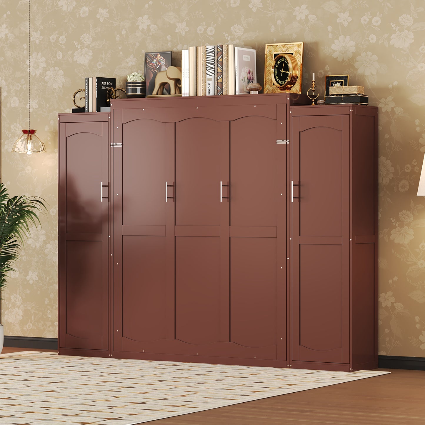 Full Size Murphy Bed, Wooden Full Wall Bed With 2 Wardrobe And Storage Shelf, Multifunctional Foldable Platform Bedframe For Guest-Room, Bedroom, Walnut