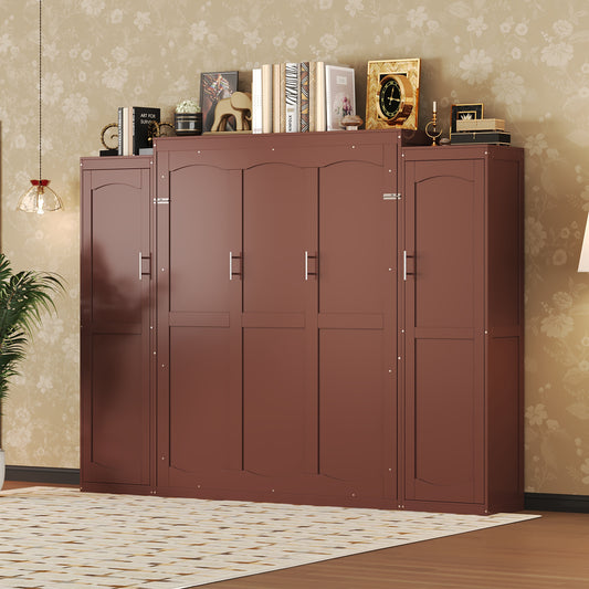 Full Size Murphy Bed, Wooden Full Wall Bed With 2 Wardrobe And Storage Shelf, Multifunctional Foldable Platform Bedframe For Guest-Room, Bedroom, Walnut