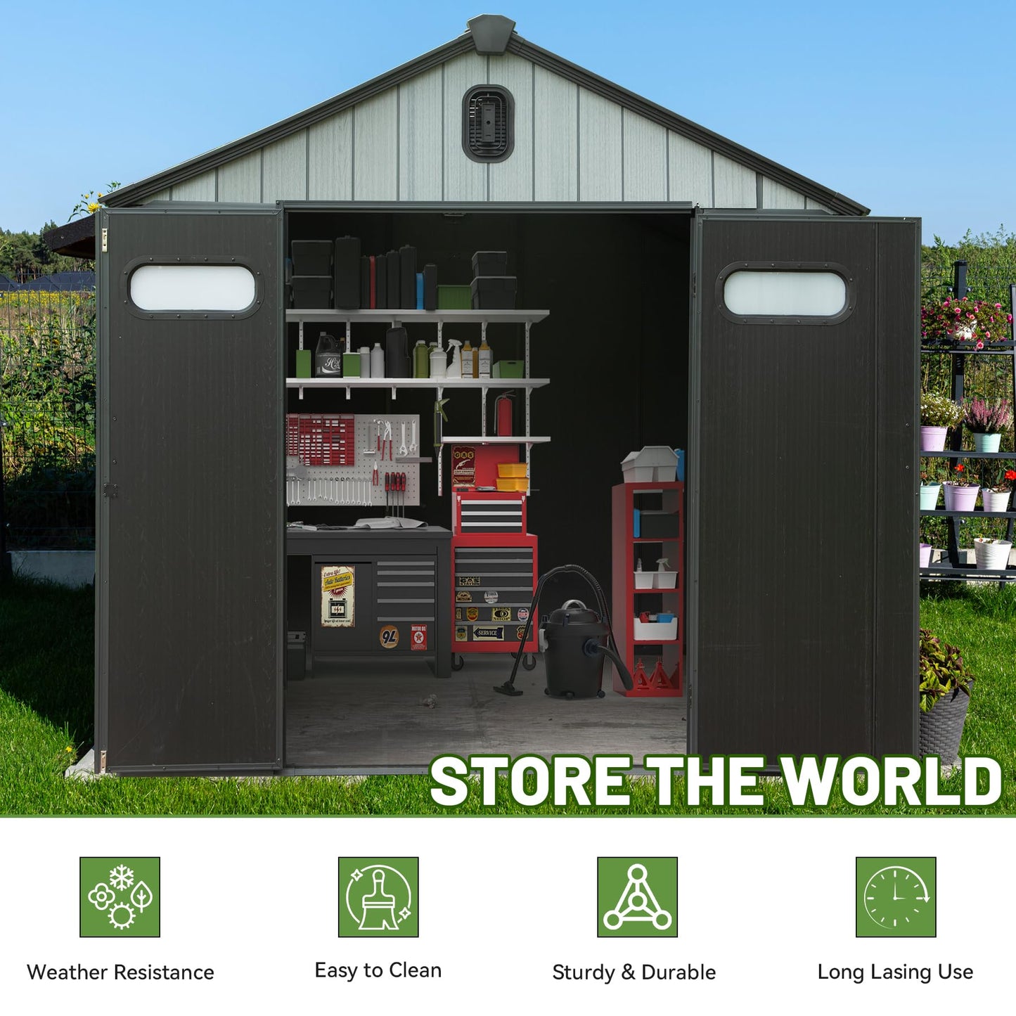 6X6 FT Outdoor Resin Storage Shed, Waterproof Plastic Garden Shed With Lockable Door, Windows & Vents, Outside Storage Tool Shed For Patio Furniture, Lawn Mower, Bike